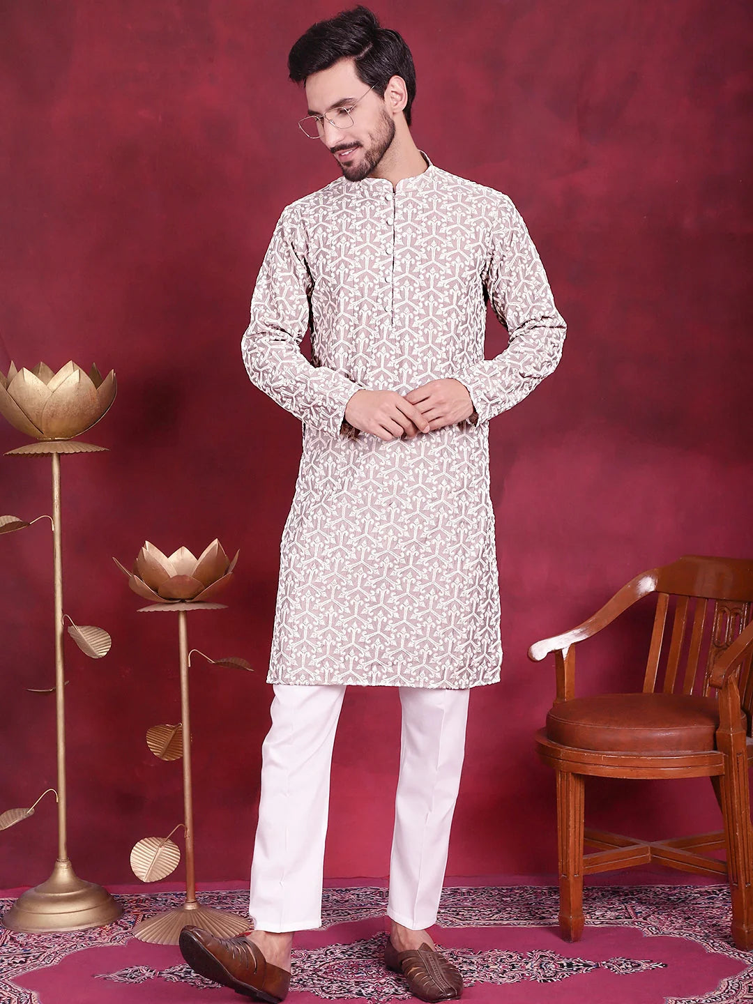 Grey Mens Kurta Pajama Set - Chikankari Embroidered Cotton Kurta