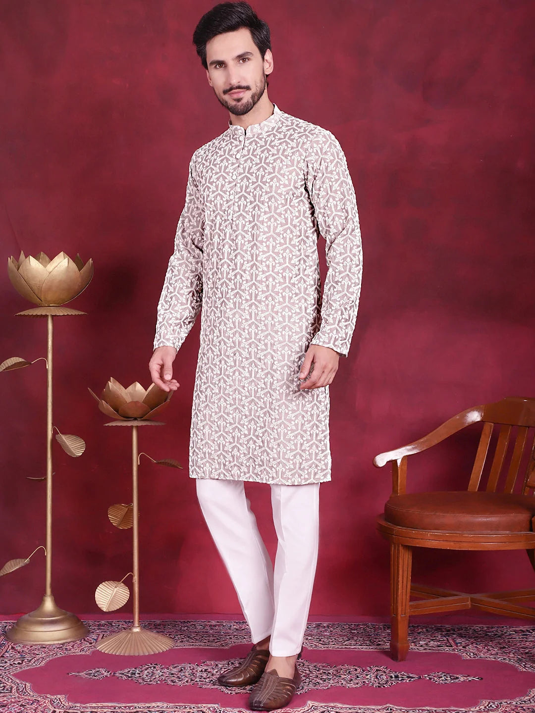 Grey Mens Kurta Pajama Set - Chikankari Embroidered Cotton Kurta
