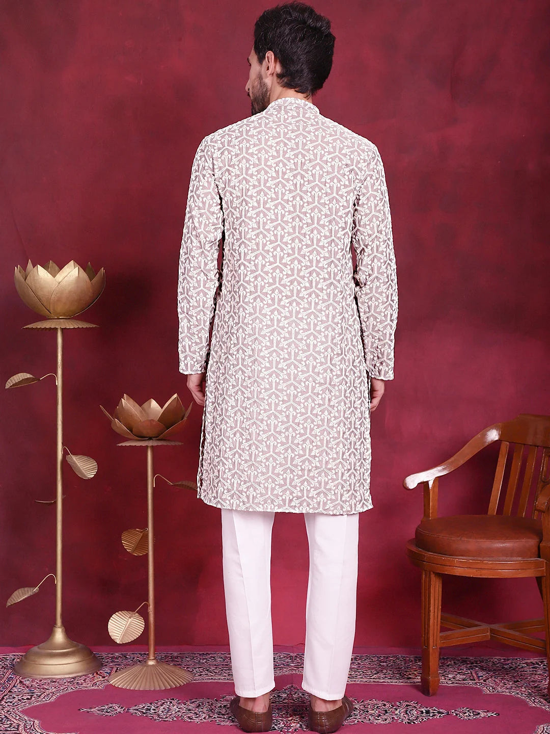 Grey Mens Kurta Pajama Set - Chikankari Embroidered Cotton Kurta