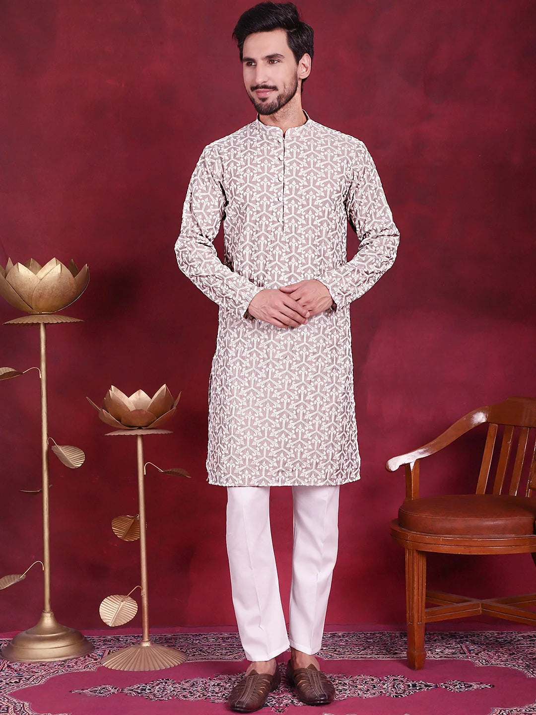 Grey Mens Kurta Pajama Set - Chikankari Embroidered Cotton Kurta