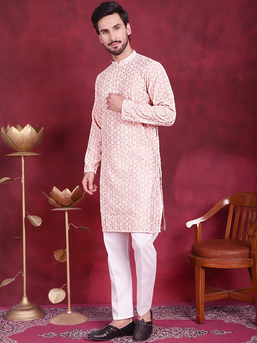 Pink Mens Kurta Pajama Set - Chikankari Embroidered Cotton Kurta