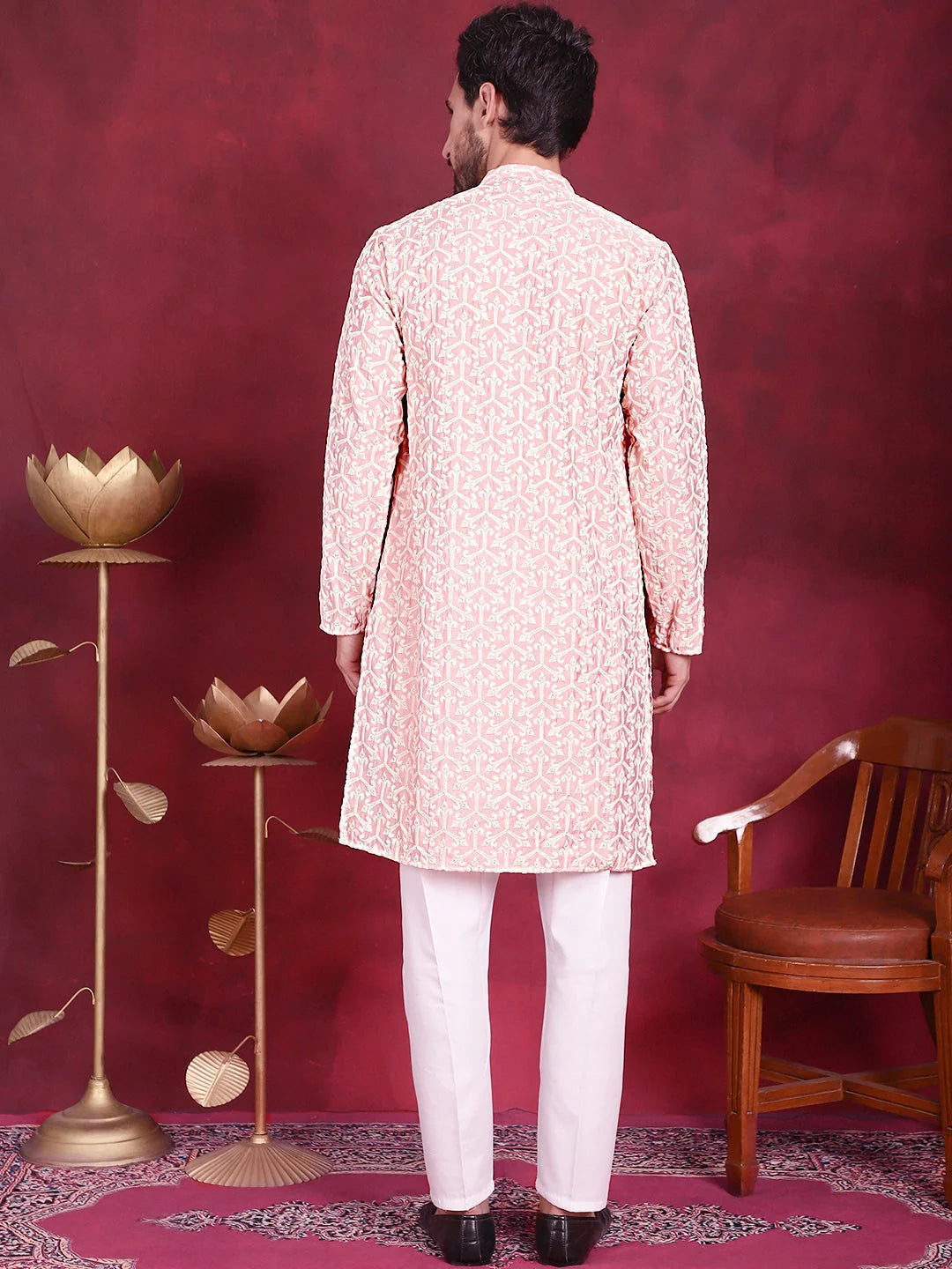 Pink Mens Kurta Pajama Set - Chikankari Embroidered Cotton Kurta