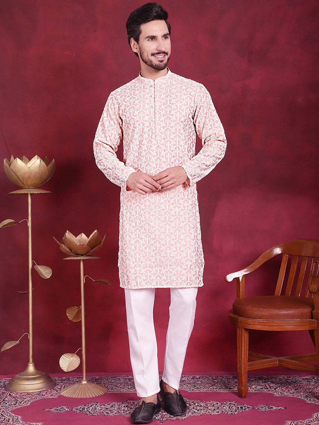 Pink Mens Kurta Pajama Set - Chikankari Embroidered Cotton Kurta