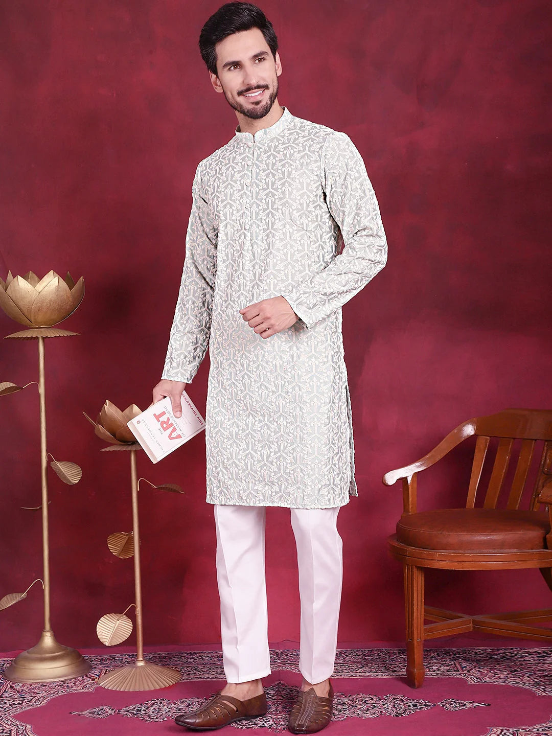 Pista Green Mens Kurta Pajama Set - Chikankari Embroidered Cotton