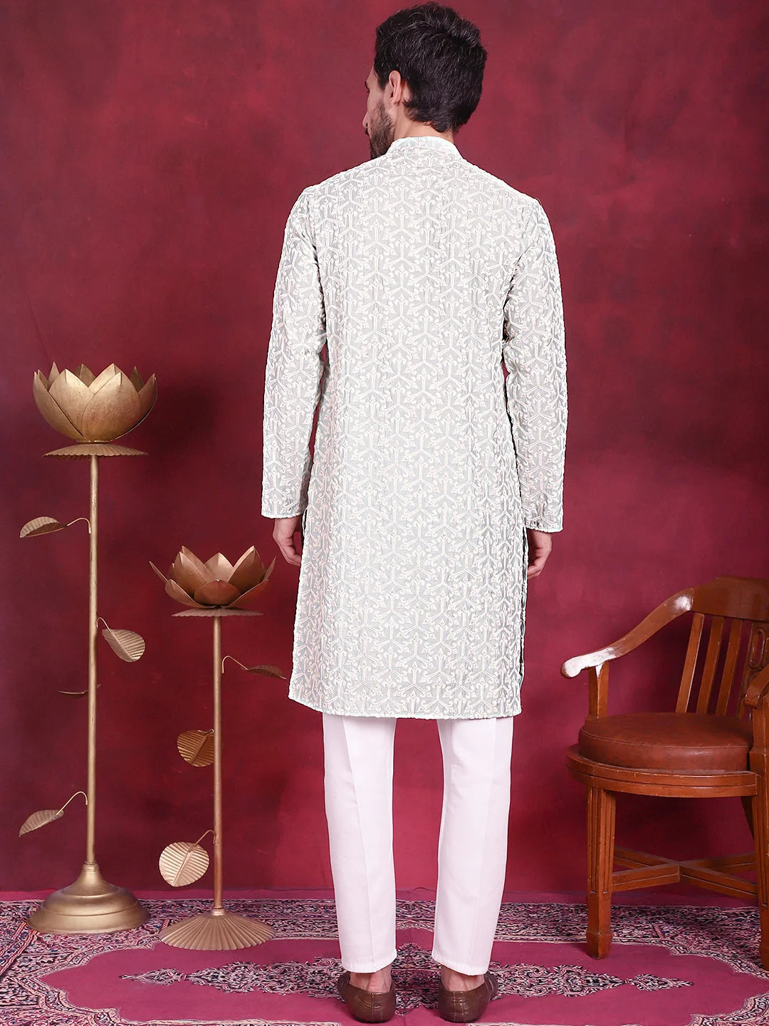 Pista Green Mens Kurta Pajama Set - Chikankari Embroidered Cotton