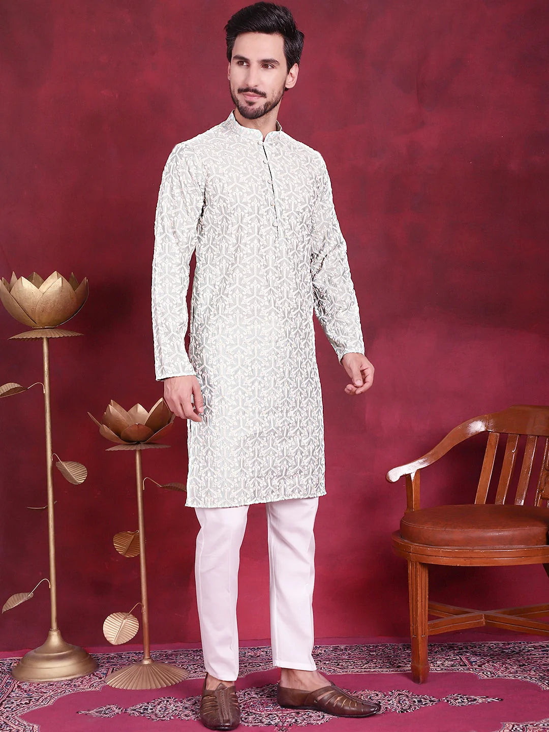 Pista Green Mens Kurta Pajama Set - Chikankari Embroidered Cotton