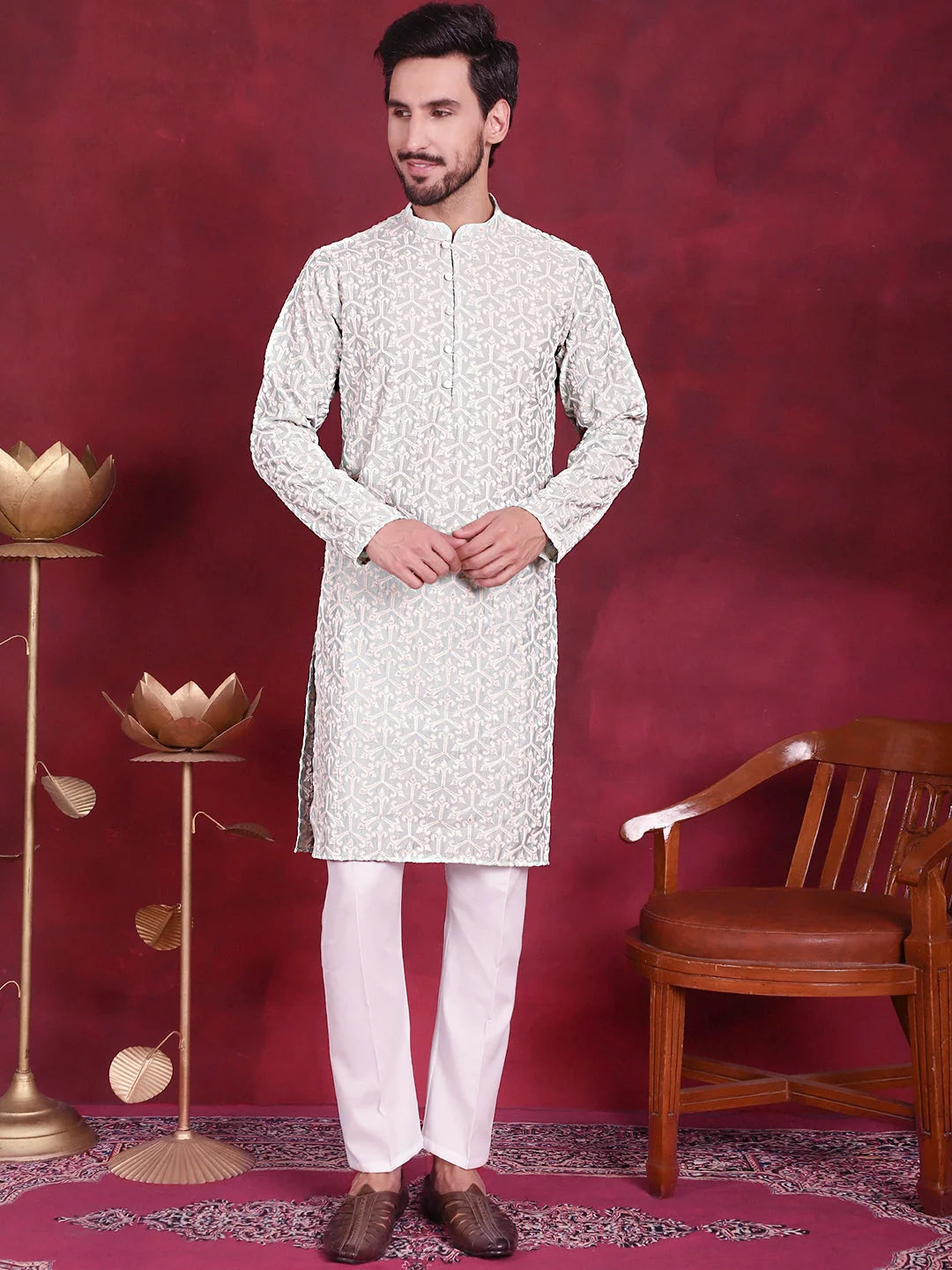 Pista Green Mens Kurta Pajama Set - Chikankari Embroidered Cotton