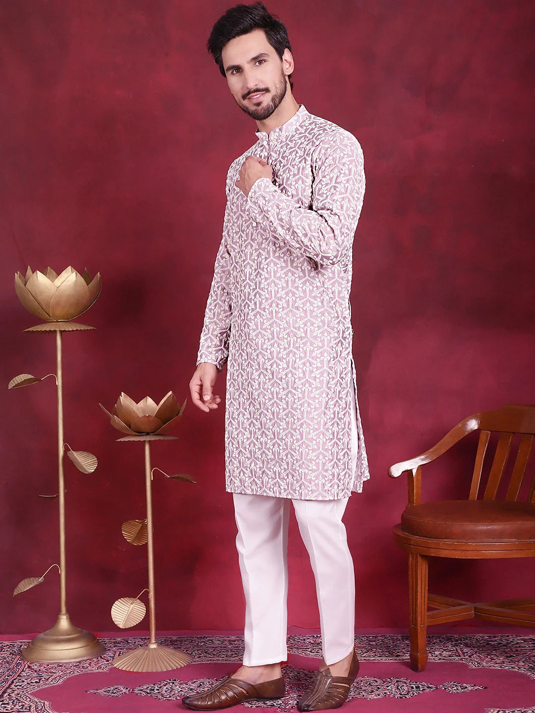 Purple Mens Kurta Pajama Set - Chikankari Embroidered Cotton K...