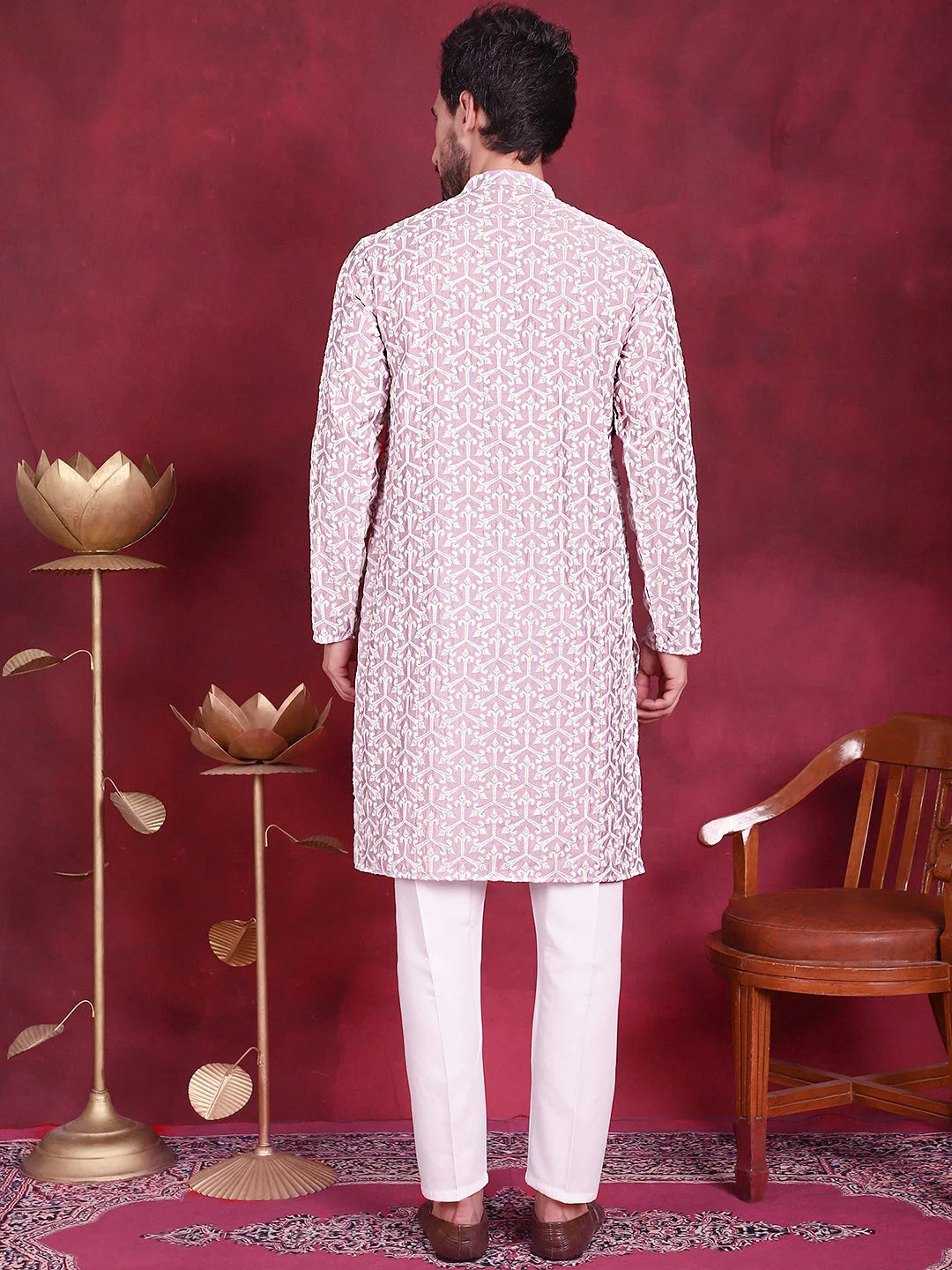 Purple Mens Kurta Pajama Set - Chikankari Embroidered Cotton K...