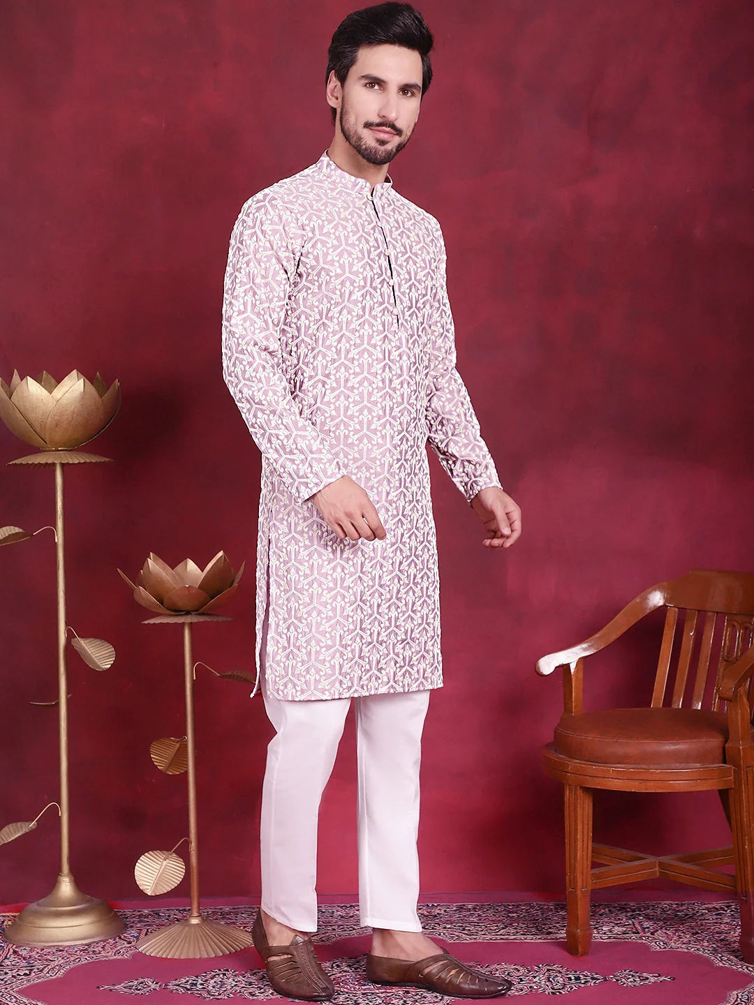 Purple Mens Kurta Pajama Set - Chikankari Embroidered Cotton K...