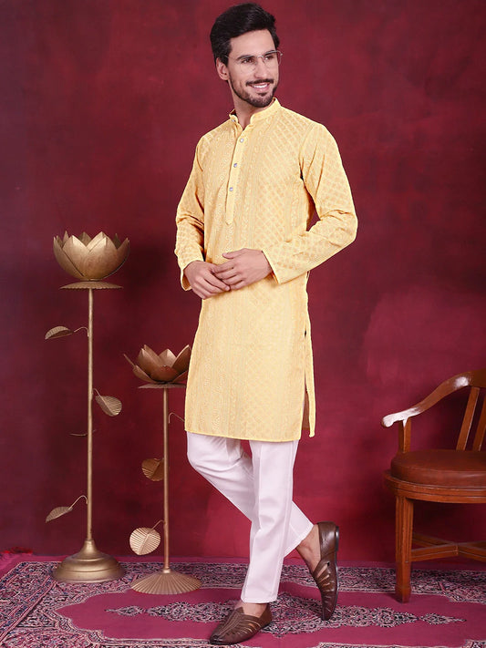 Men's Chikankari Embroidered Kurta Pyjama Set ( JOKP 5021 Beige ) 1080