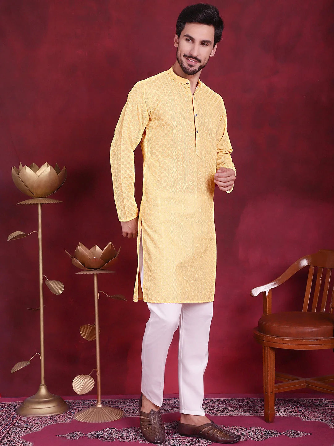 Beige Chikankari Embroidered Cotton Mens Kurta Pajama Set