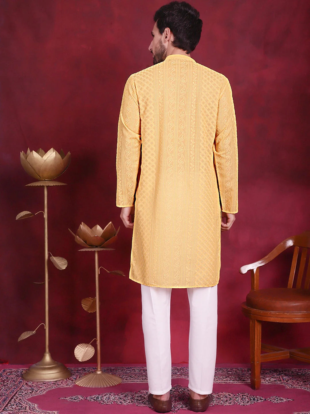 Beige Chikankari Embroidered Cotton Mens Kurta Pajama Set