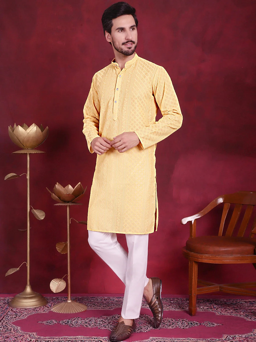 Beige Chikankari Embroidered Cotton Mens Kurta Pajama Set