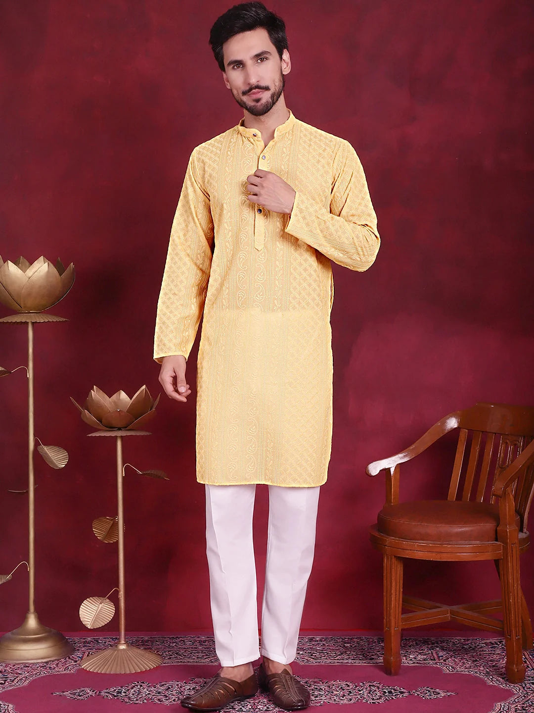 Beige Chikankari Embroidered Cotton Mens Kurta Pajama Set
