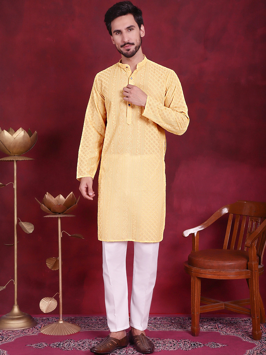DesiQlo Men Embroidered Kurta Pyjama Set - Beige - JOKP_P_5021Beige_S