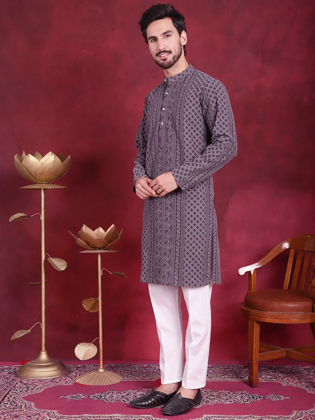 Grey Chikankari Embroidered Cotton Mens Kurta Pajama Set