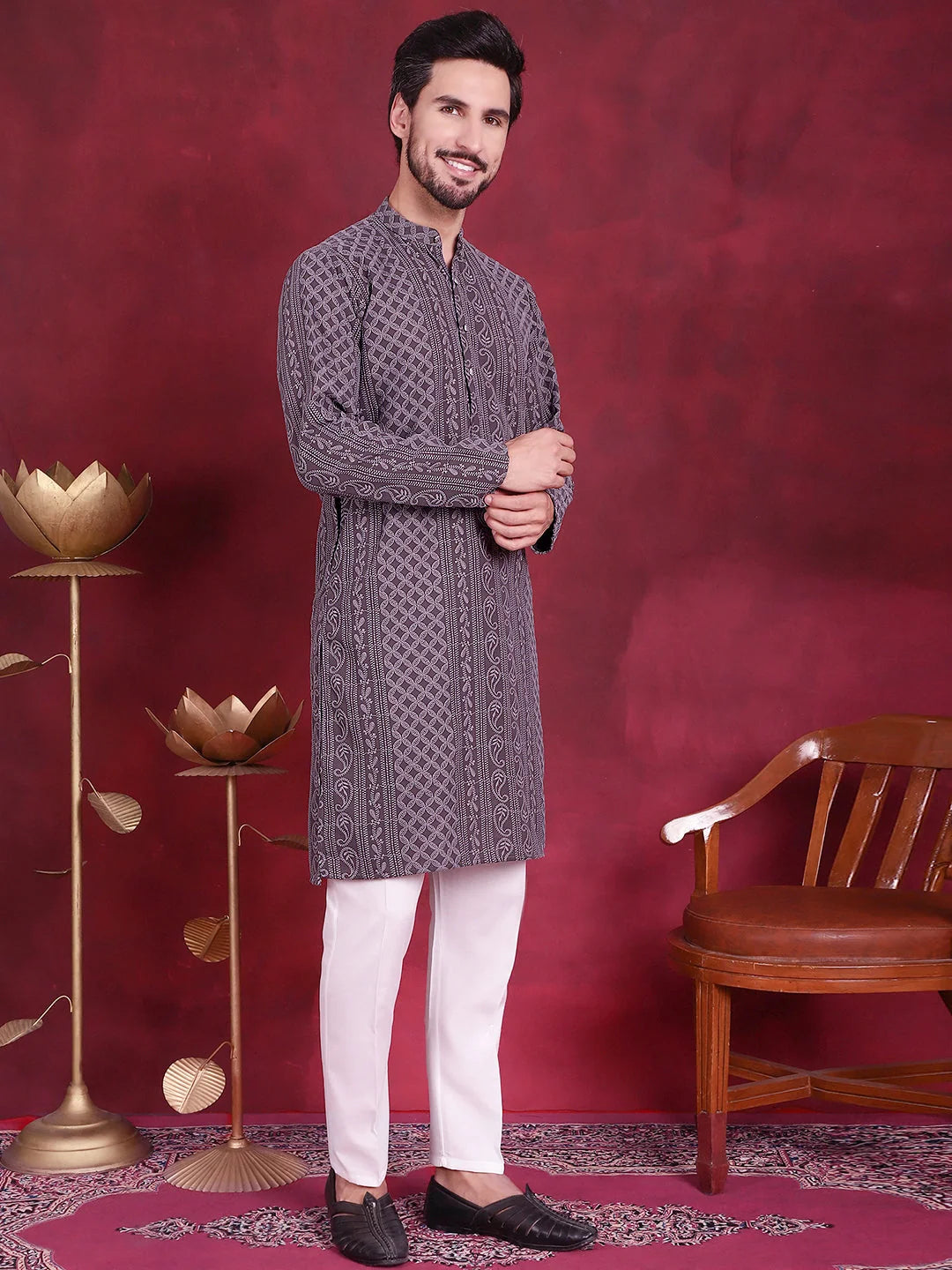Grey Chikankari Embroidered Cotton Mens Kurta Pajama Set