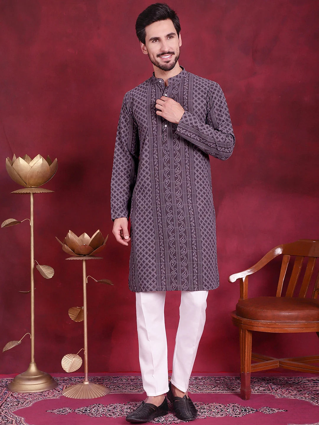 Grey Chikankari Embroidered Cotton Mens Kurta Pajama Set