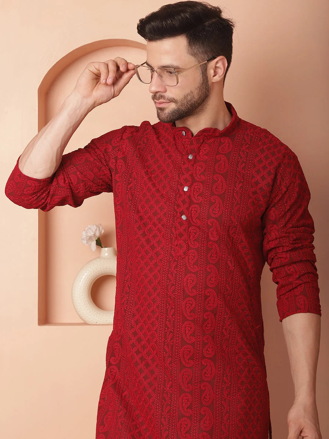 Maroon Embroidered Mens Kurta Pajama Set | Festive Attire