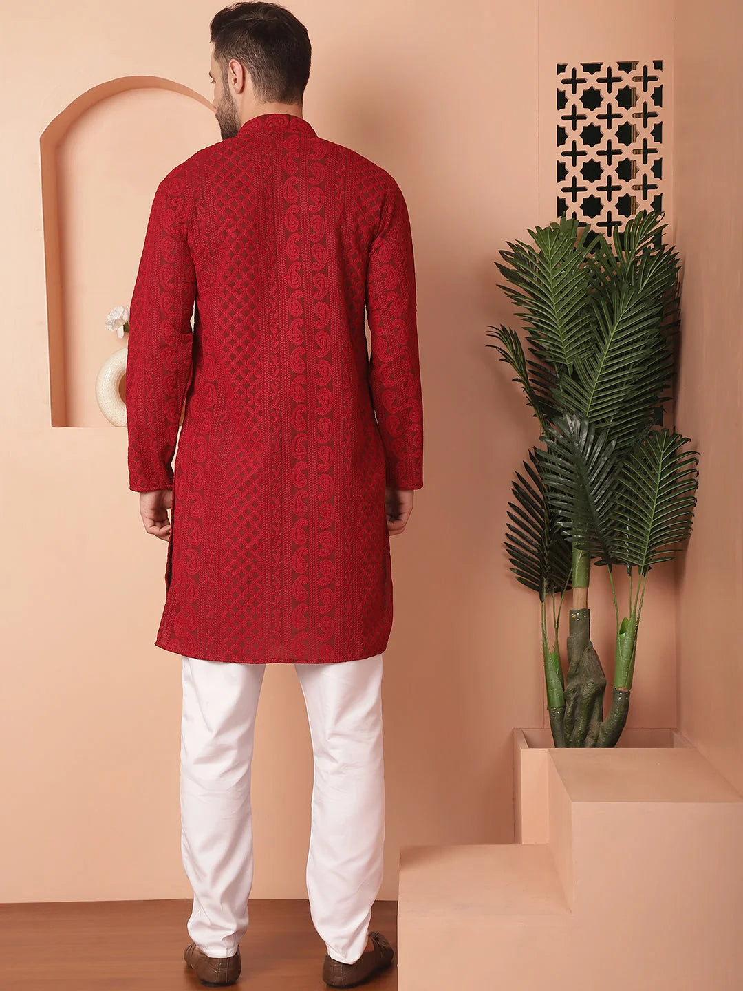 Maroon Embroidered Mens Kurta Pajama Set | Festive Attire
