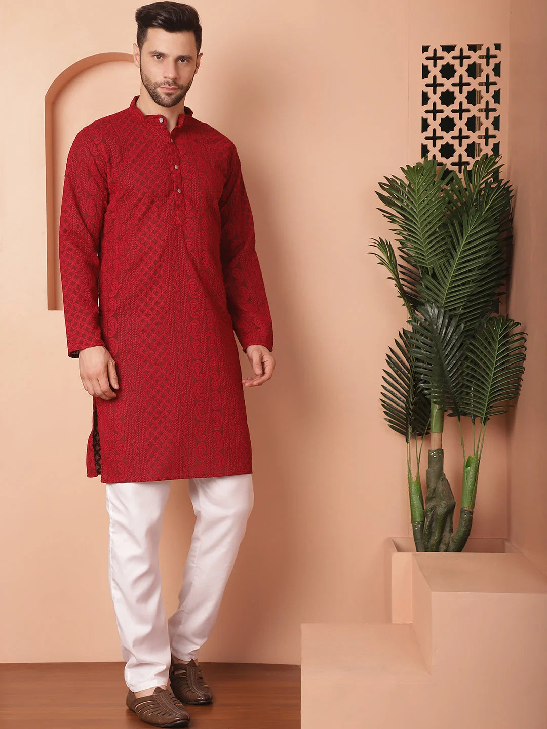 Maroon Embroidered Mens Kurta Pajama Set | Festive Attire