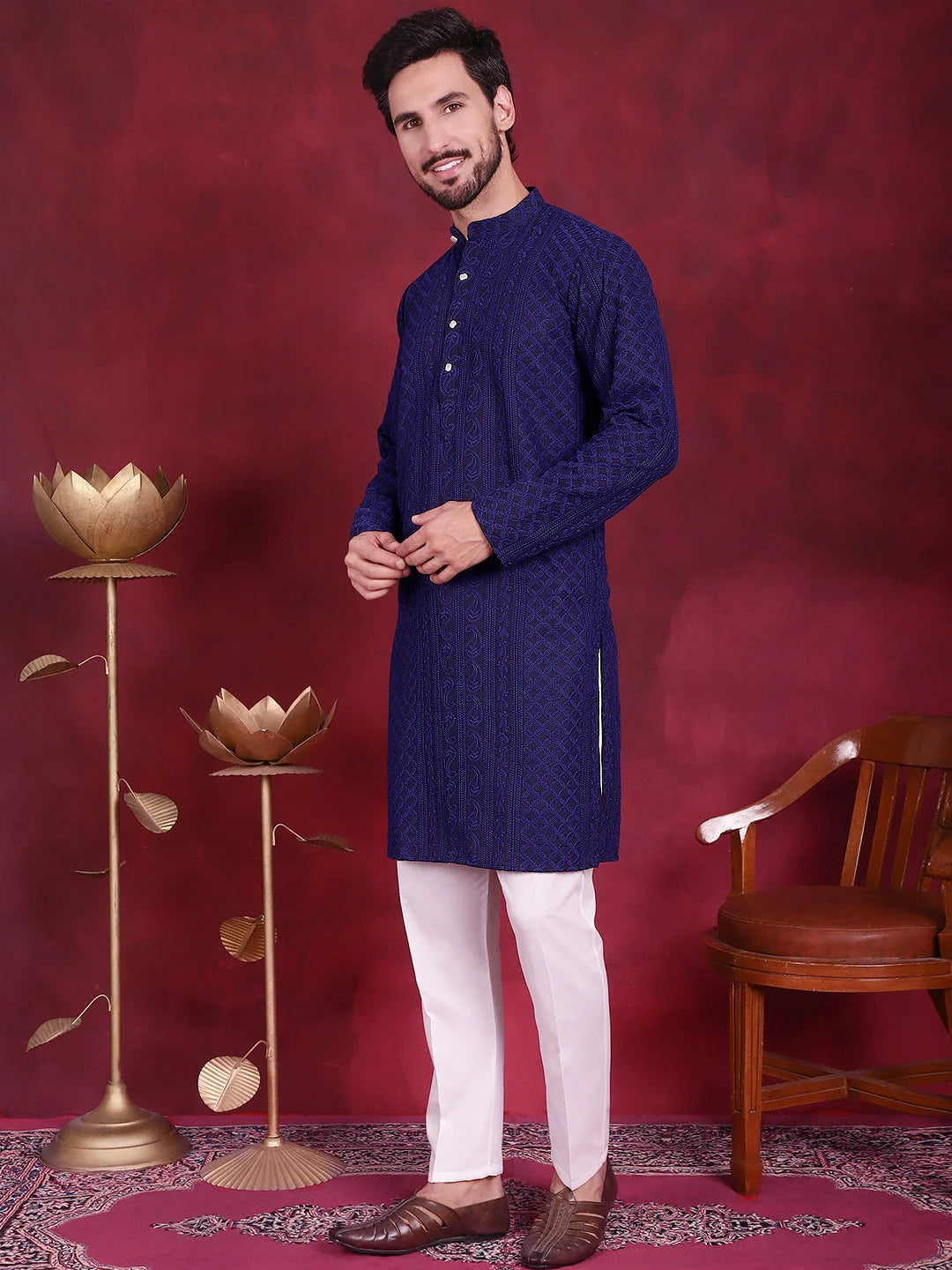 Navy Chikankari Embroidered Cotton Mens Kurta Pajama Set