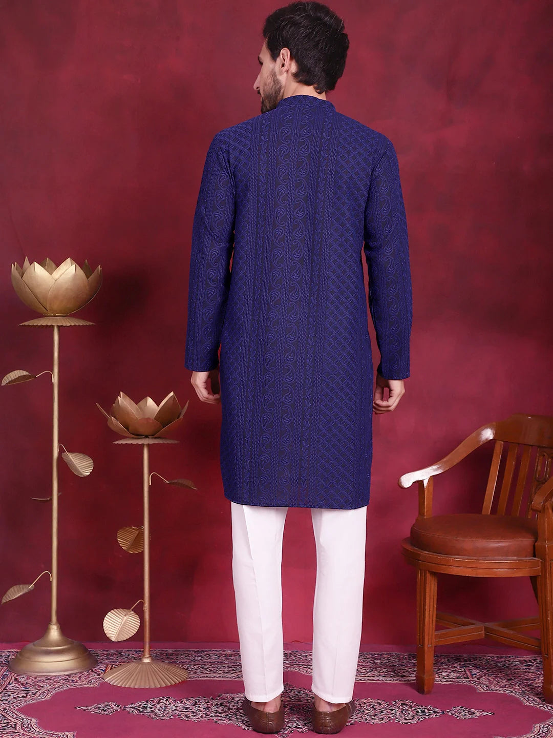 Navy Chikankari Embroidered Cotton Mens Kurta Pajama Set