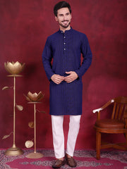 Men's Chikankari Embroidered Kurta Pyjama Set ( JOKP 5021 Navy )