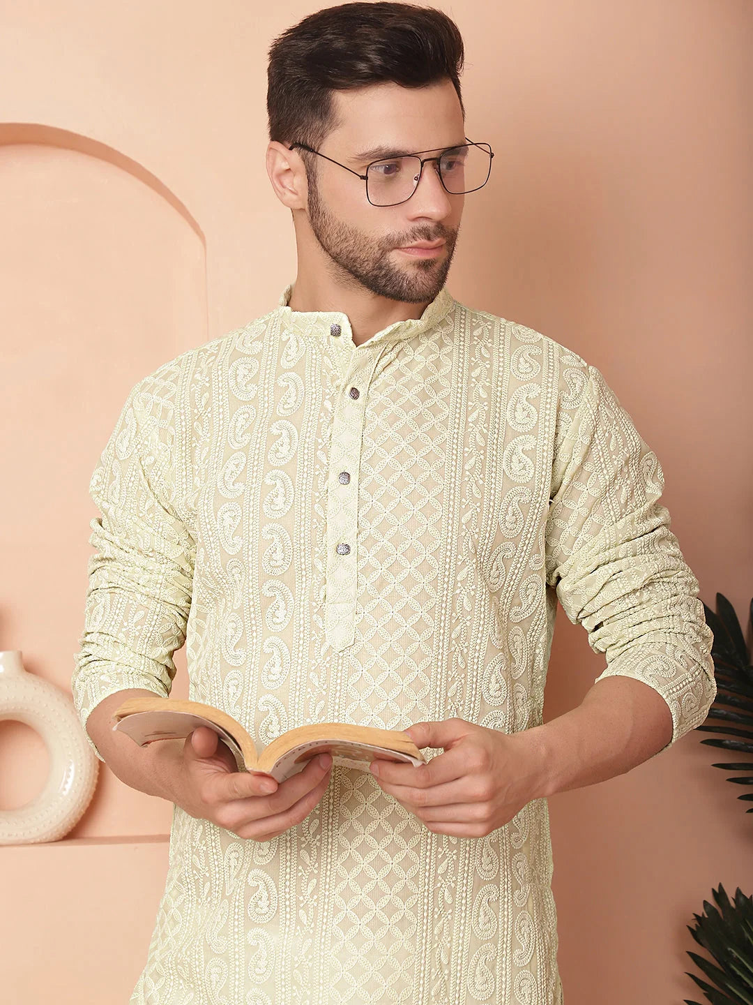 Pista Green Embroidered Mens Kurta Pajama Set | Ethnic Style