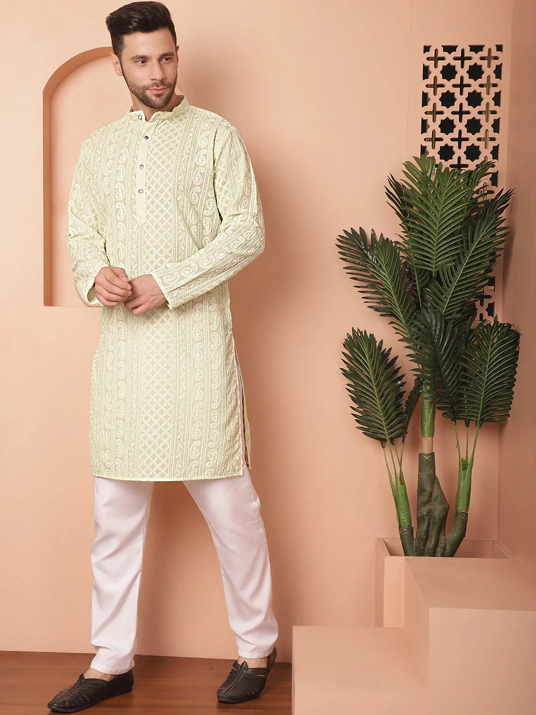 Pista Green Embroidered Mens Kurta Pajama Set | Ethnic Style