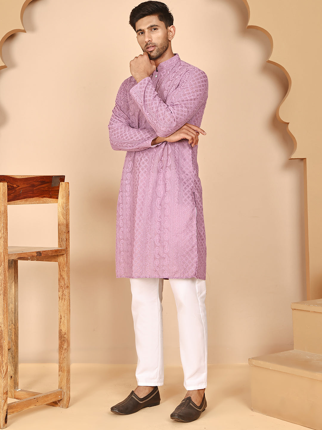 DesiQlo Men Embroidered Kurta Pyjama Set - Purple - JOKP_P_5021Purple_