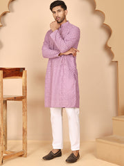 Men's Embroidered Kurta Pyjama Set (JOKP P 5021 Purple ) [FF] [P-9]