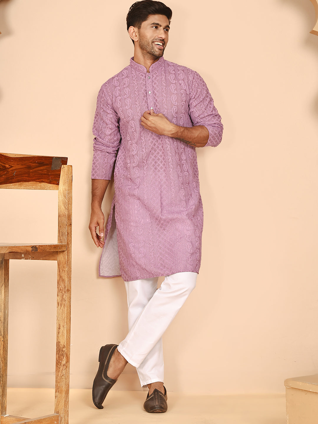 DesiQlo Men Embroidered Kurta Pyjama Set - Purple - JOKP_P_5021Purple_