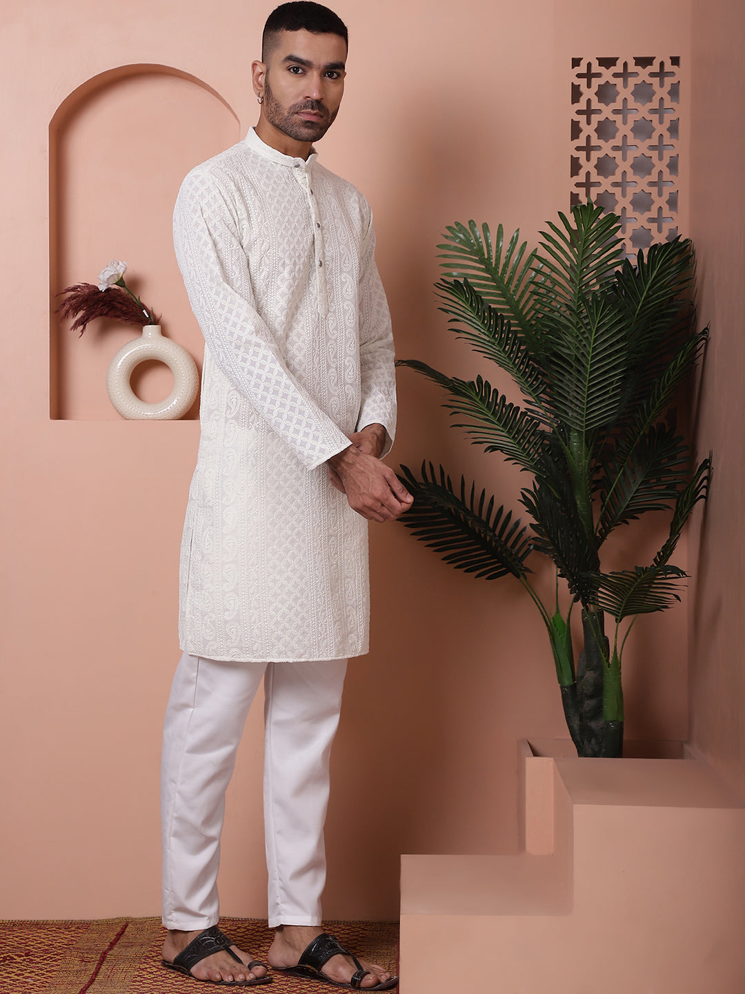 White Embroidered Mens Kurta Pajama Set | Elegant Style