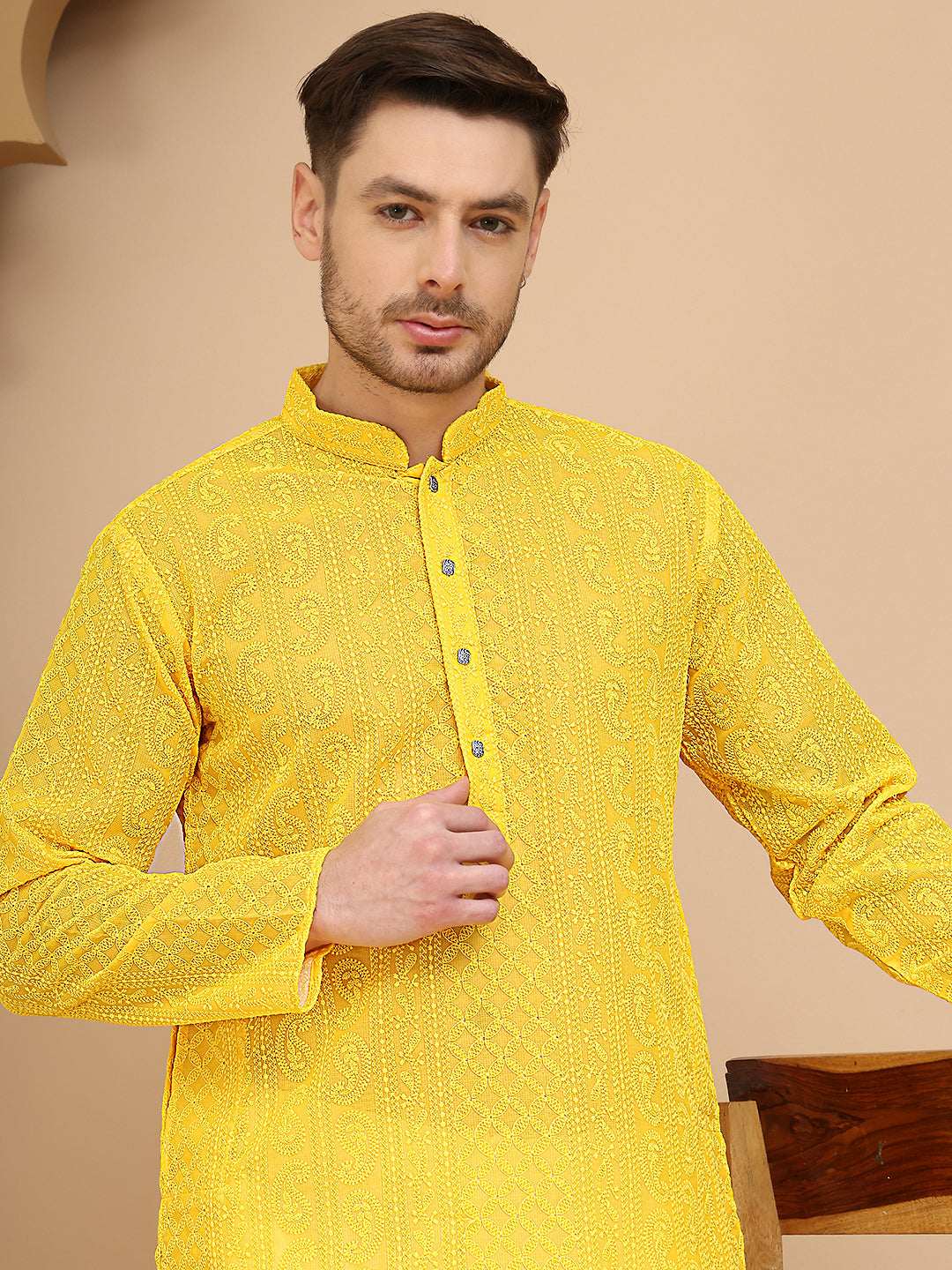 DesiQlo Men Georgette Kurta Pyjama Set - Yellow