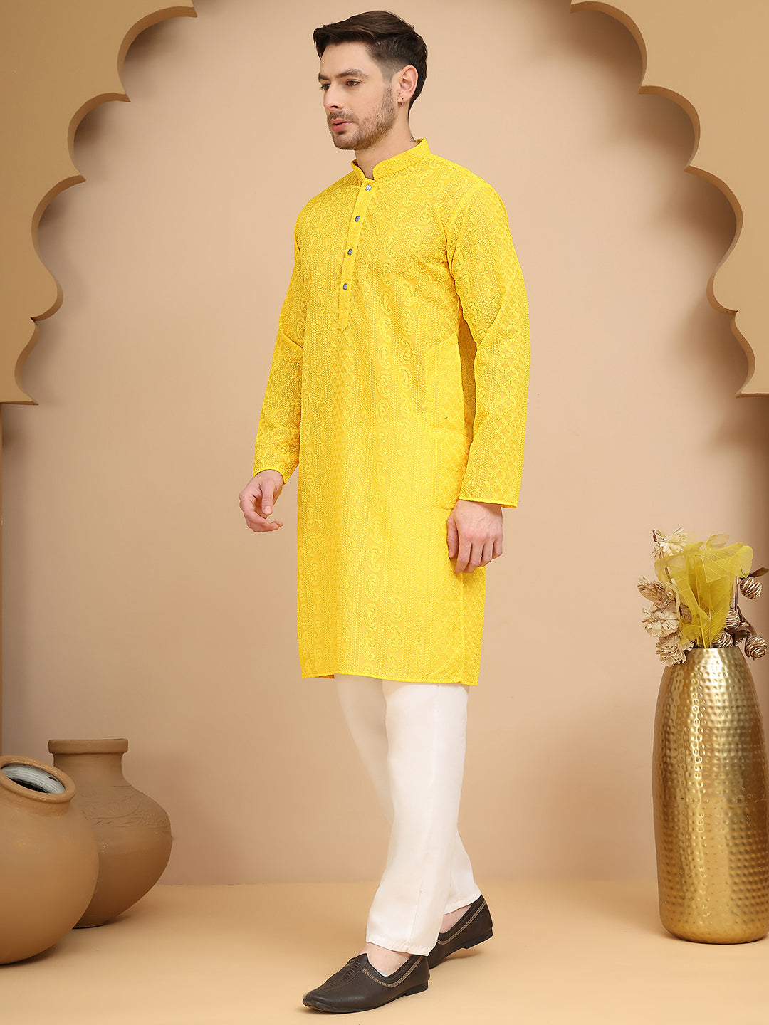 DesiQlo Men Georgette Kurta Pyjama Set - Yellow