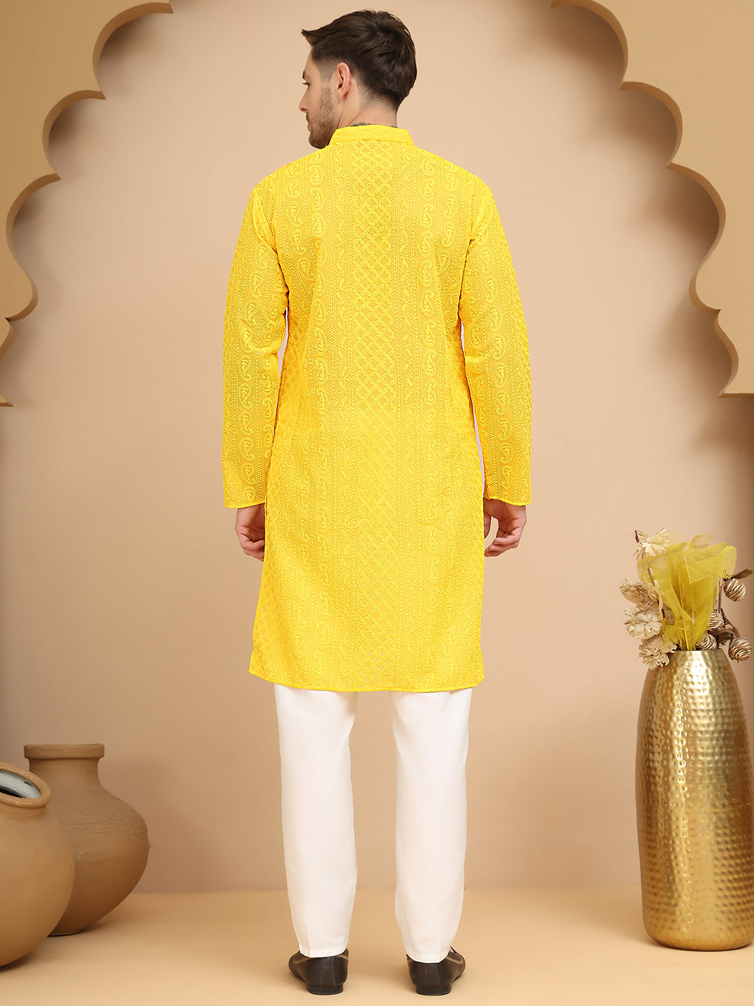 DesiQlo Men Georgette Kurta Pyjama Set - Yellow