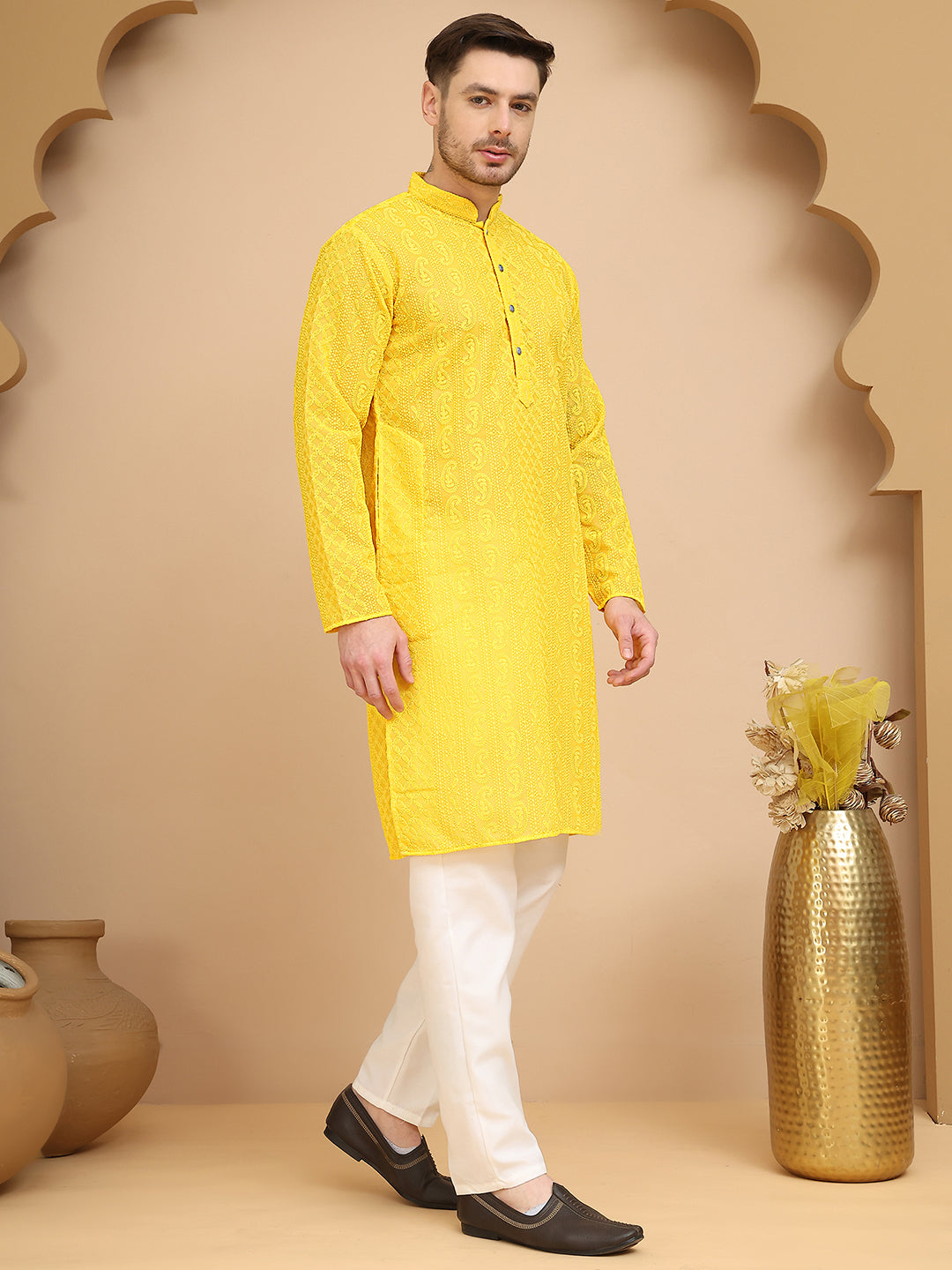 DesiQlo Men Georgette Kurta Pyjama Set - Yellow