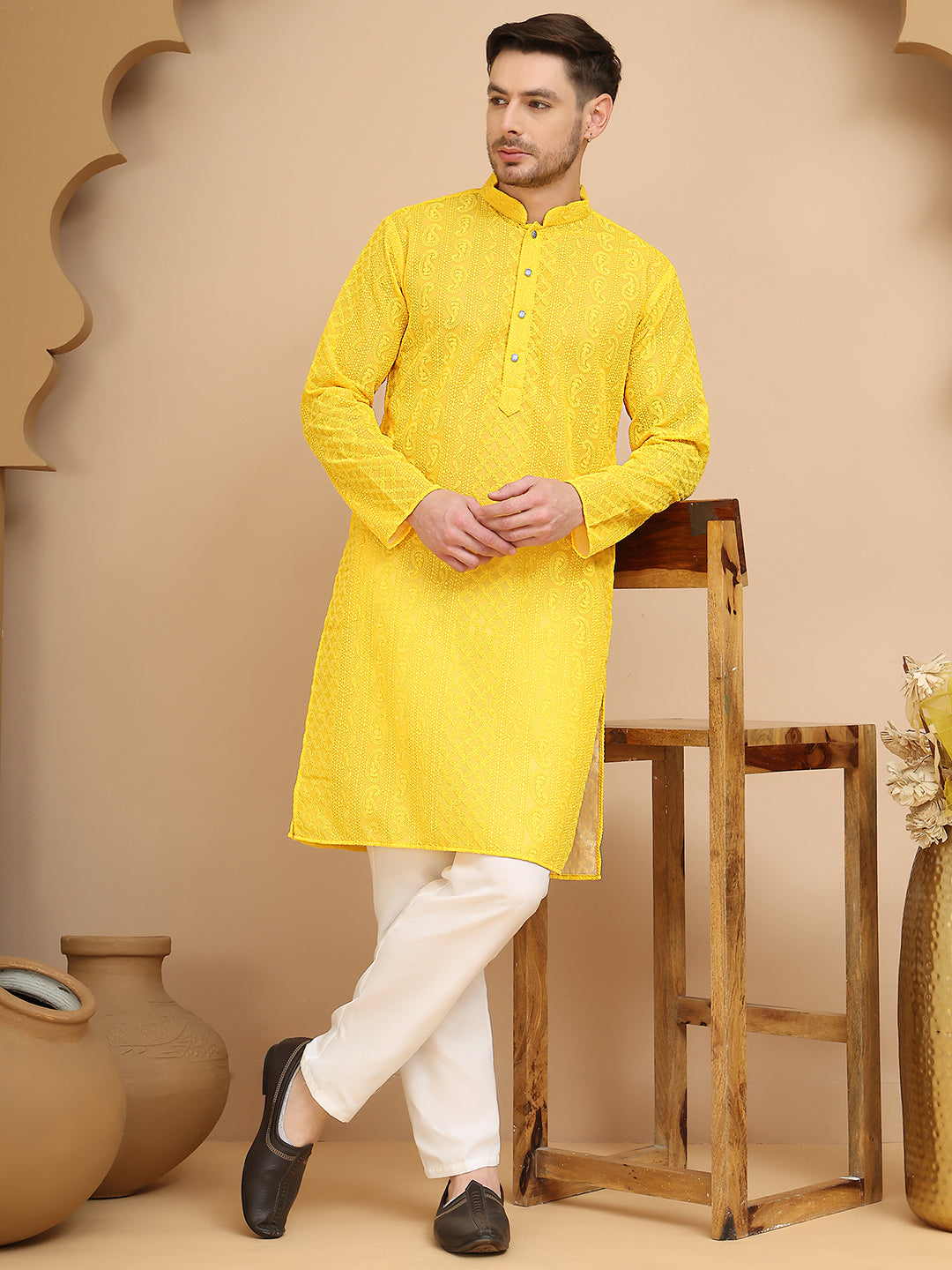 DesiQlo Men Georgette Kurta Pyjama Set - Yellow