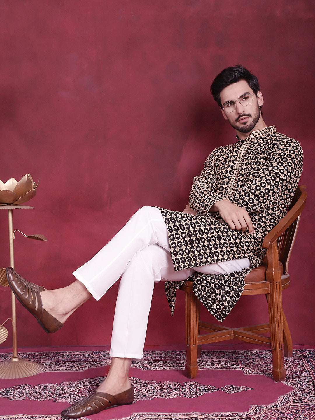 DesiQlo Men Embroidered Kurta Pyjama Set - Black - JOKP_P_5023Black_S