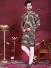 Men's Sequins Embroidered Kurta with Pyjama ( JOKP P 5023 Brown ) [FF] [H-8]