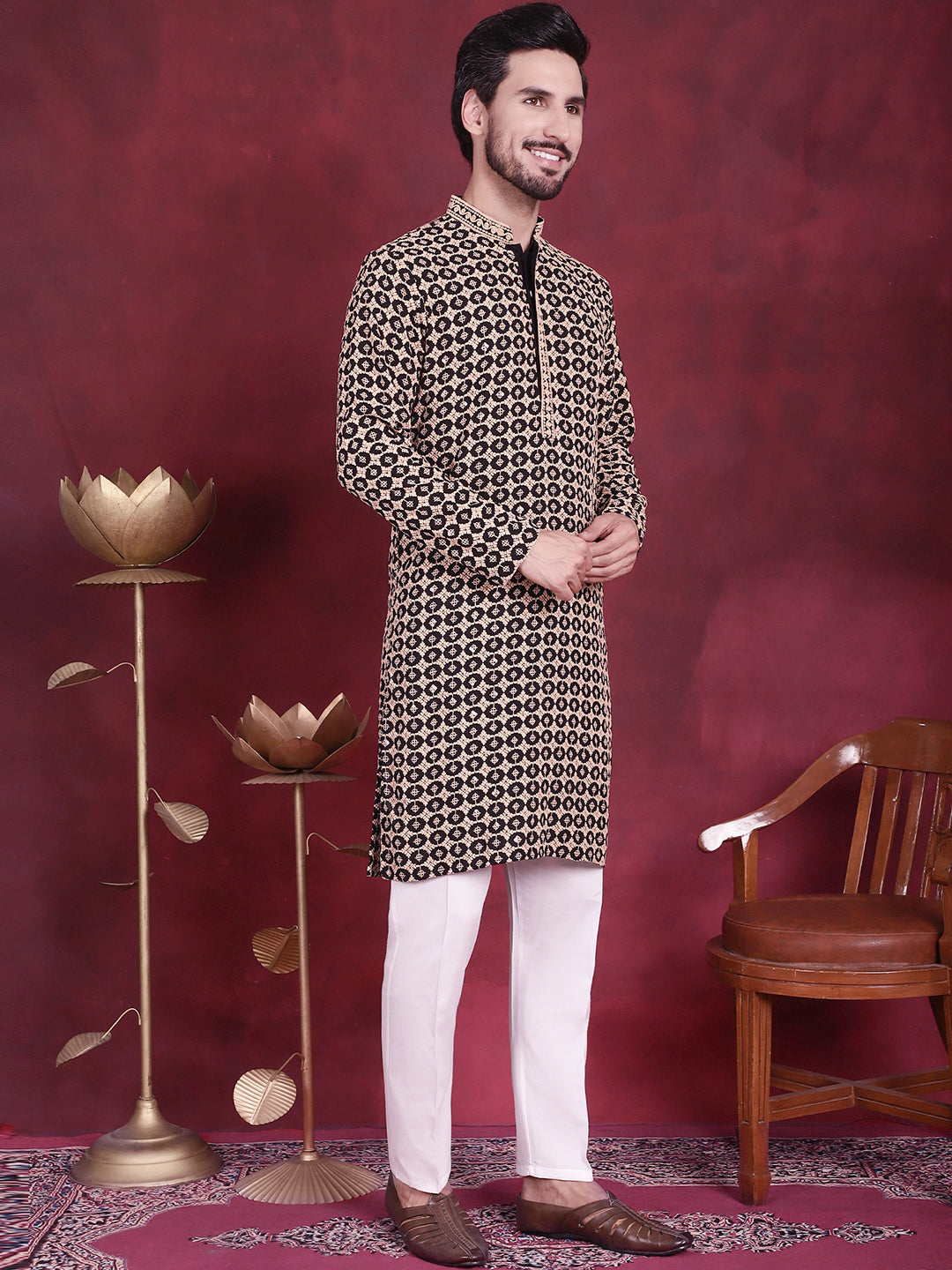DesiQlo Men Embroidered Kurta Pyjama Set - Brown - JOKP_P_5023Brown_S