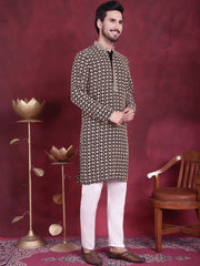 Men's Sequins Embroidered Kurta with Pyjama ( JOKP P 5023 Brown ) [FF] [H-8]
