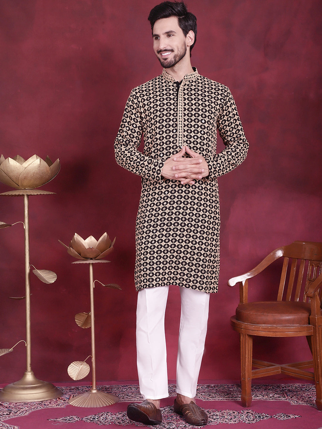 DesiQlo Men Embroidered Kurta Pyjama Set - Brown - JOKP_P_5023Brown_S