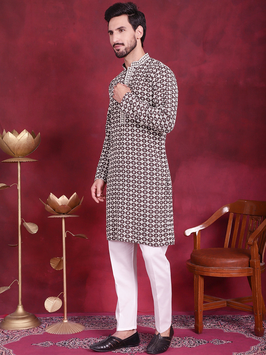Brown Sequins Embroidered Mens Kurta Pajama Set | Ethnic Wear