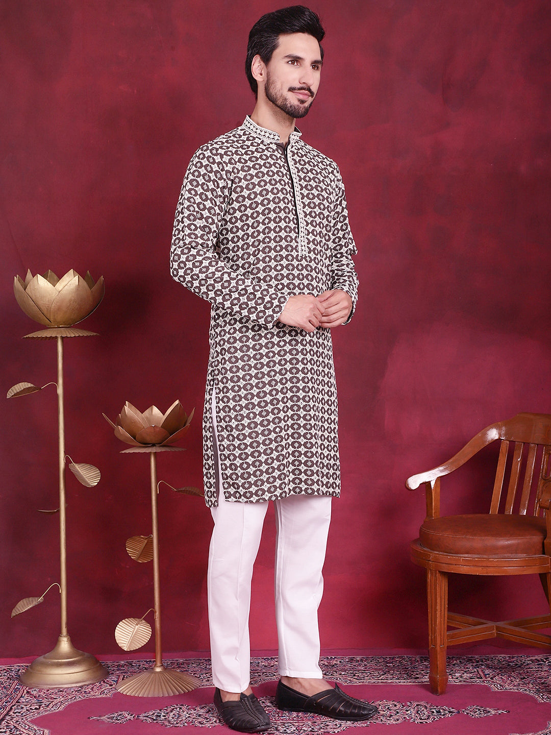 Brown Sequins Embroidered Mens Kurta Pajama Set | Ethnic Wear