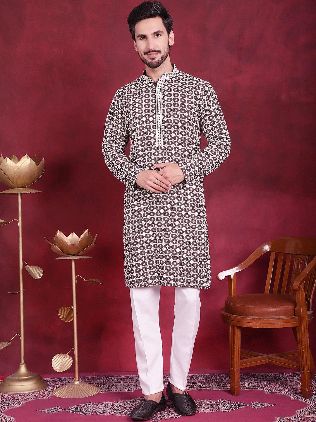 Brown Sequins Embroidered Mens Kurta Pajama Set | Ethnic Wear