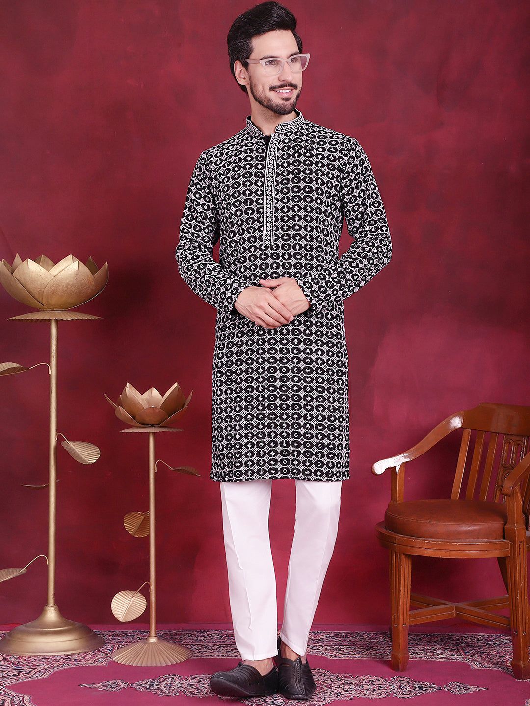Grey Sequins Embroidered Kurta Pajama Set for Men