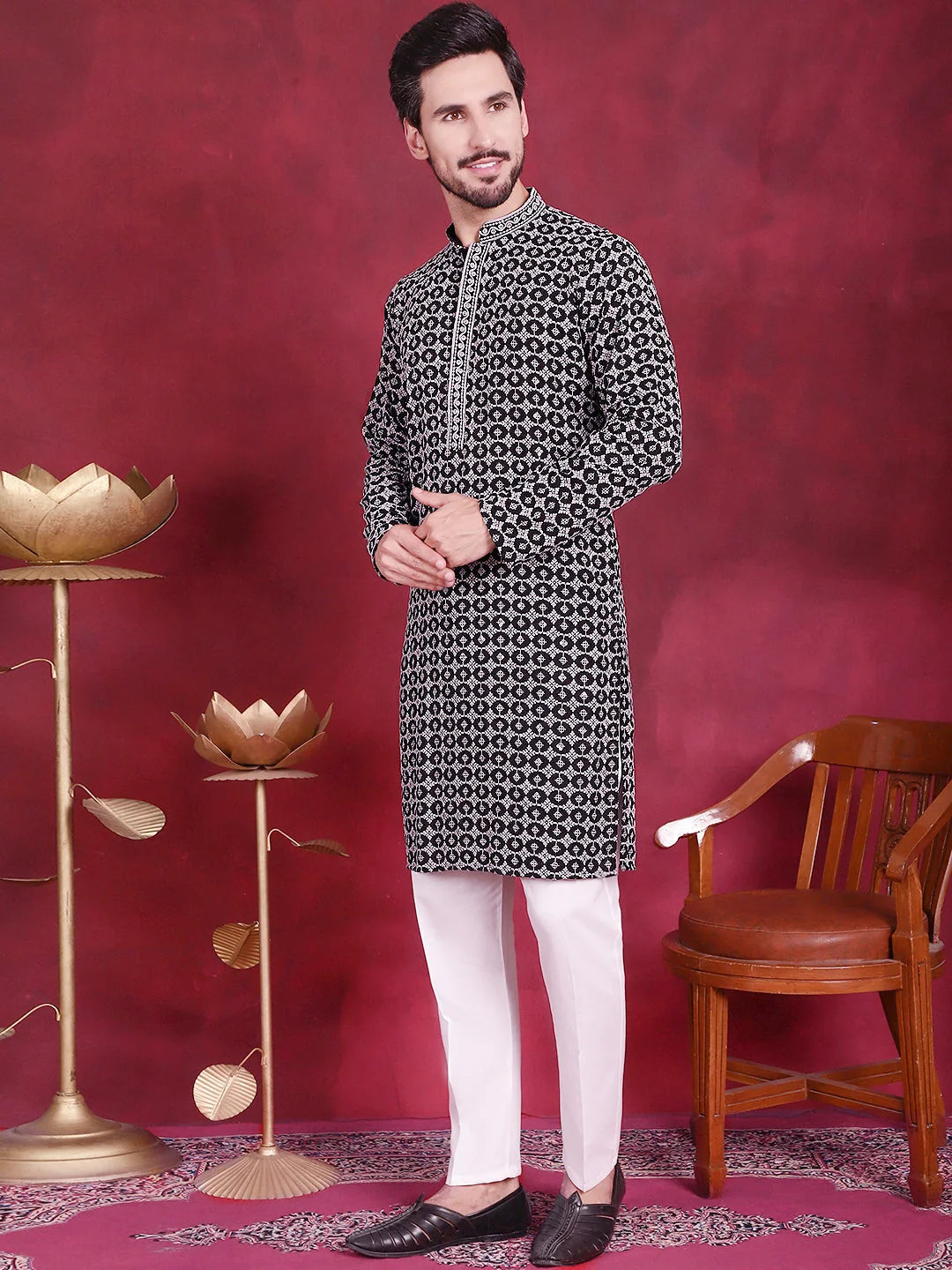 Grey Sequins Embroidered Kurta Pajama Set for Men